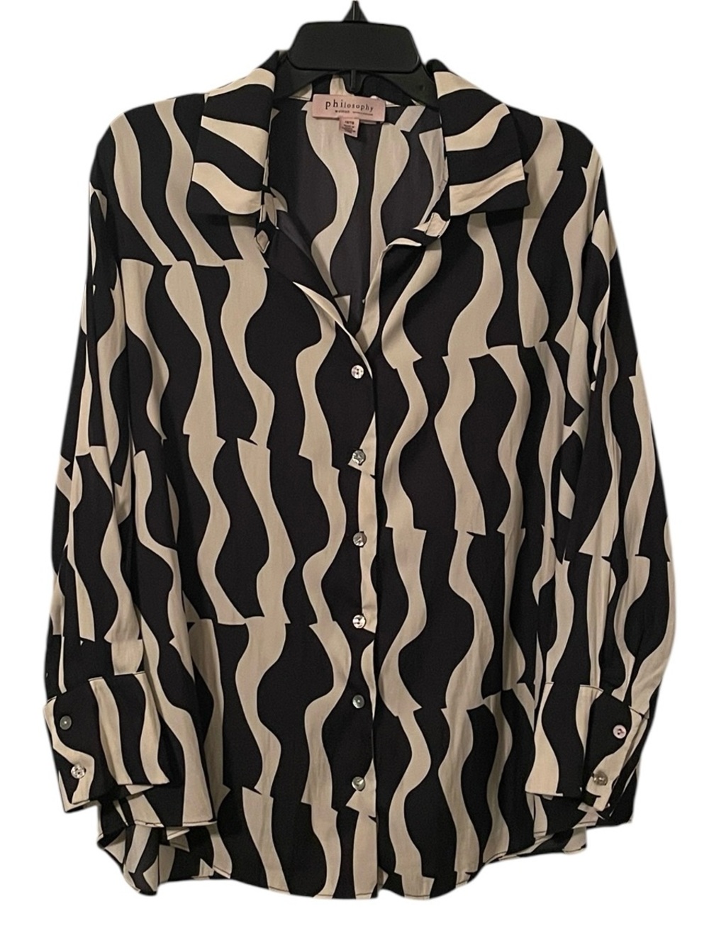 Philosophy Women's Black Cream Geometric Print V-Neck Button Down Shirt Size 1X